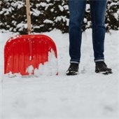 Person holding red shovel with snow