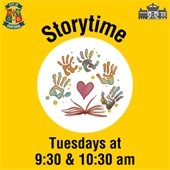 Storytime at the public library Tuesdays at 9:30 and 10:30 am