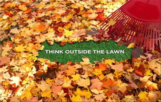 Fallen leaves with a rake and words think outside the lawn