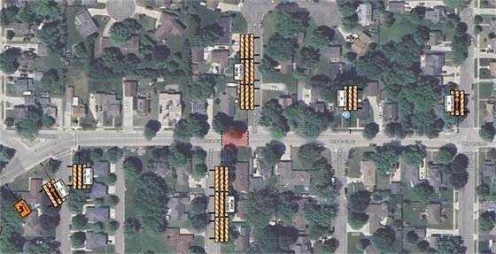 aerial image showing road closure on Grove Ave S between Murray Street and Mcindoe Street