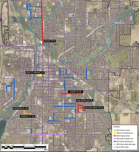 aerial map of 2024 street maintenance projects