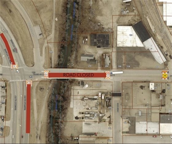 Aerial image road closure on North Street W between Oak Ave N and Hoffman Drive NW.