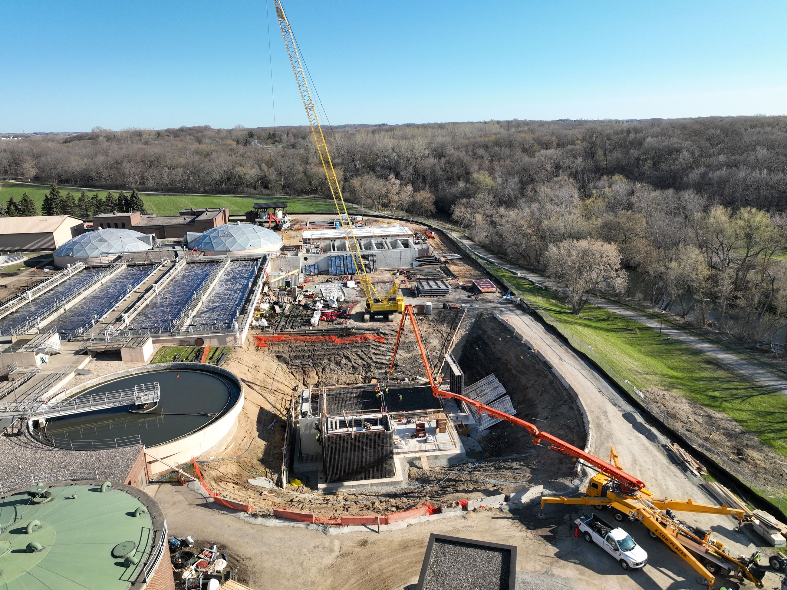Aerial of wastewater treatment building construction in progress