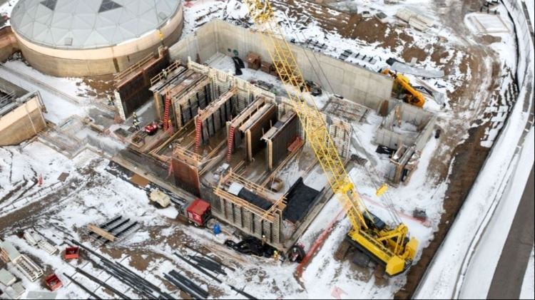 Aerial of wastewater treatment building construction in progress