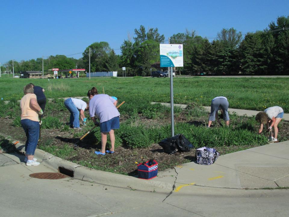 Group working on their rain garden plot