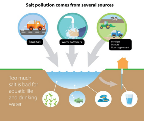 Salt pollution comes from several sources. Road salt, water softeners, fertilizer, manure, dust supp